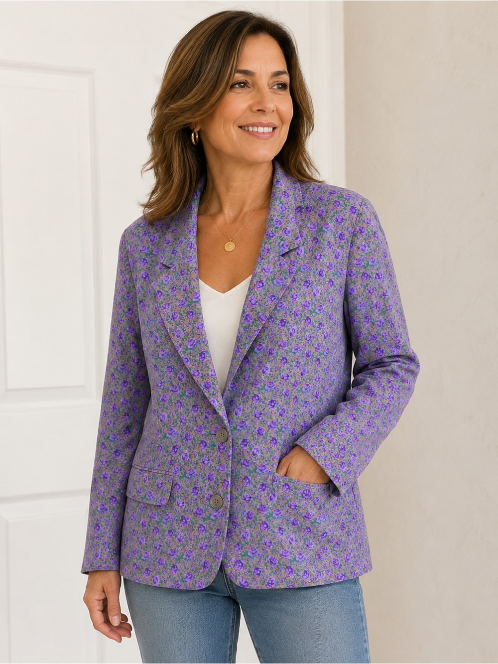 Lavender Women 100% silk Floral Single-Breasted Blazer Jacket 12